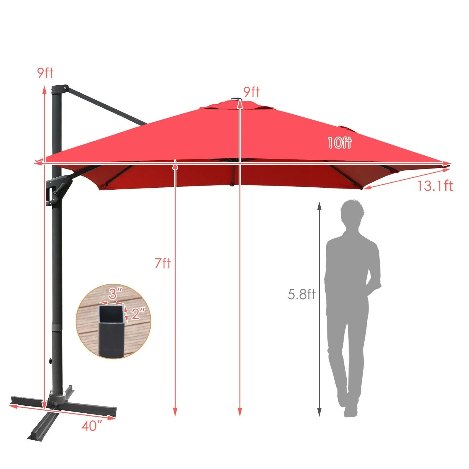 10 x 13ft Rectangular Cantilever Umbrella - Red