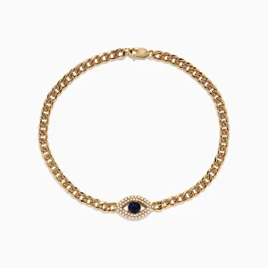 14K Yellow Gold Blue Sapphire and Diamond Evil Eye Bracelet