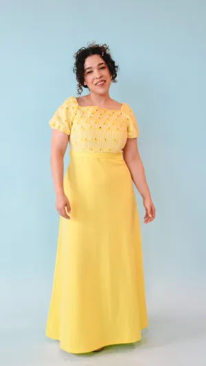 1970s Yellow Sunflower Eyelet Dress, sz. M