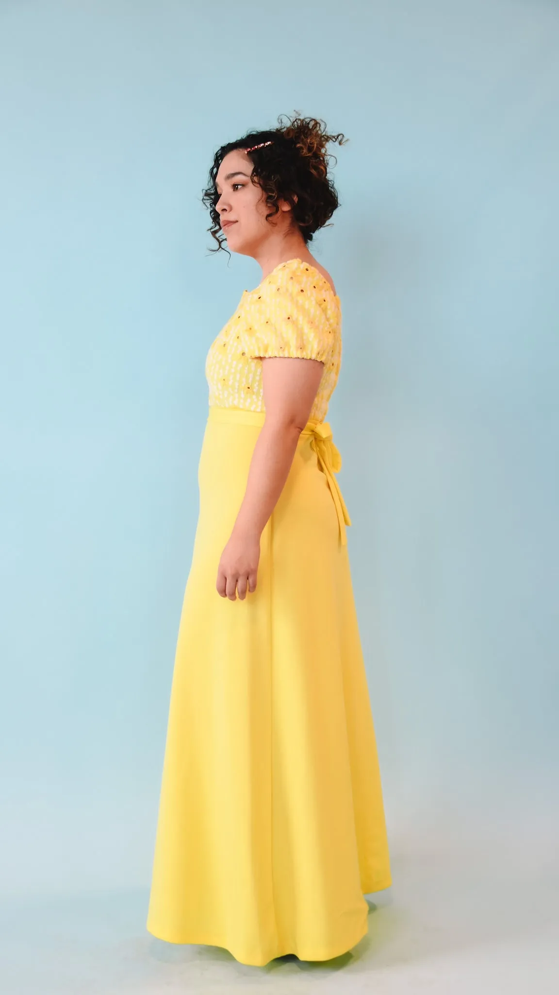 1970s Yellow Sunflower Eyelet Dress, sz. M