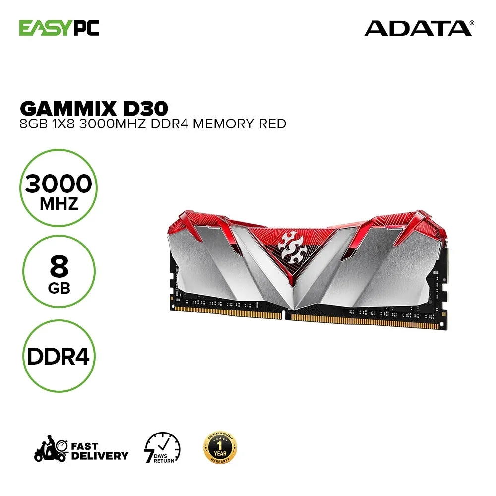 Adata Gammix D30 8GB 1x8 3000mhz U-DIMM , Ready for AMD and Intel-based systems, Top-Quality Ddr4 Memory Red