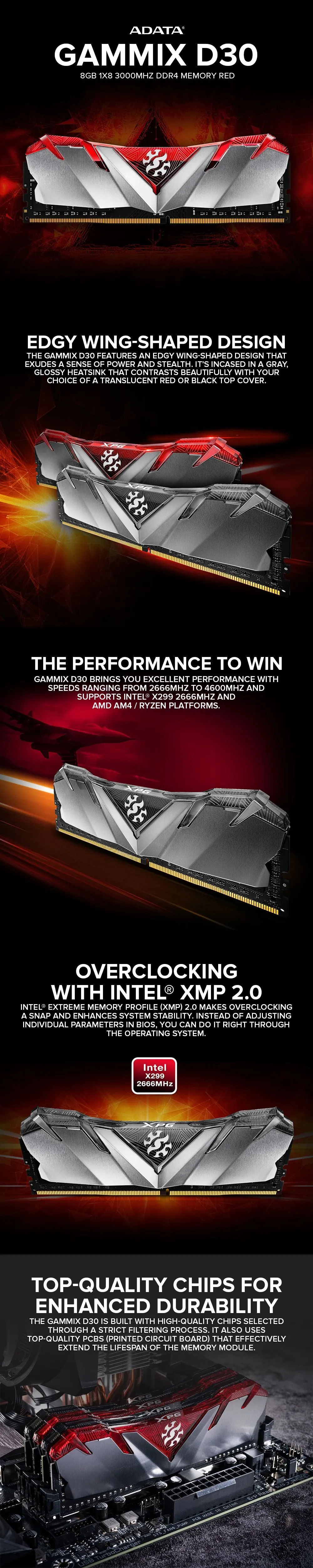 Adata Gammix D30 8GB 1x8 3000mhz U-DIMM , Ready for AMD and Intel-based systems, Top-Quality Ddr4 Memory Red