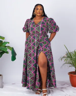 African Print Maxi Dress with Puff Sleeves- Halima