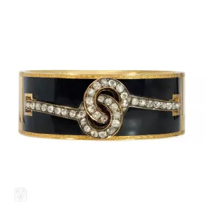 Antique French diamond and black enamel cuff bracelet