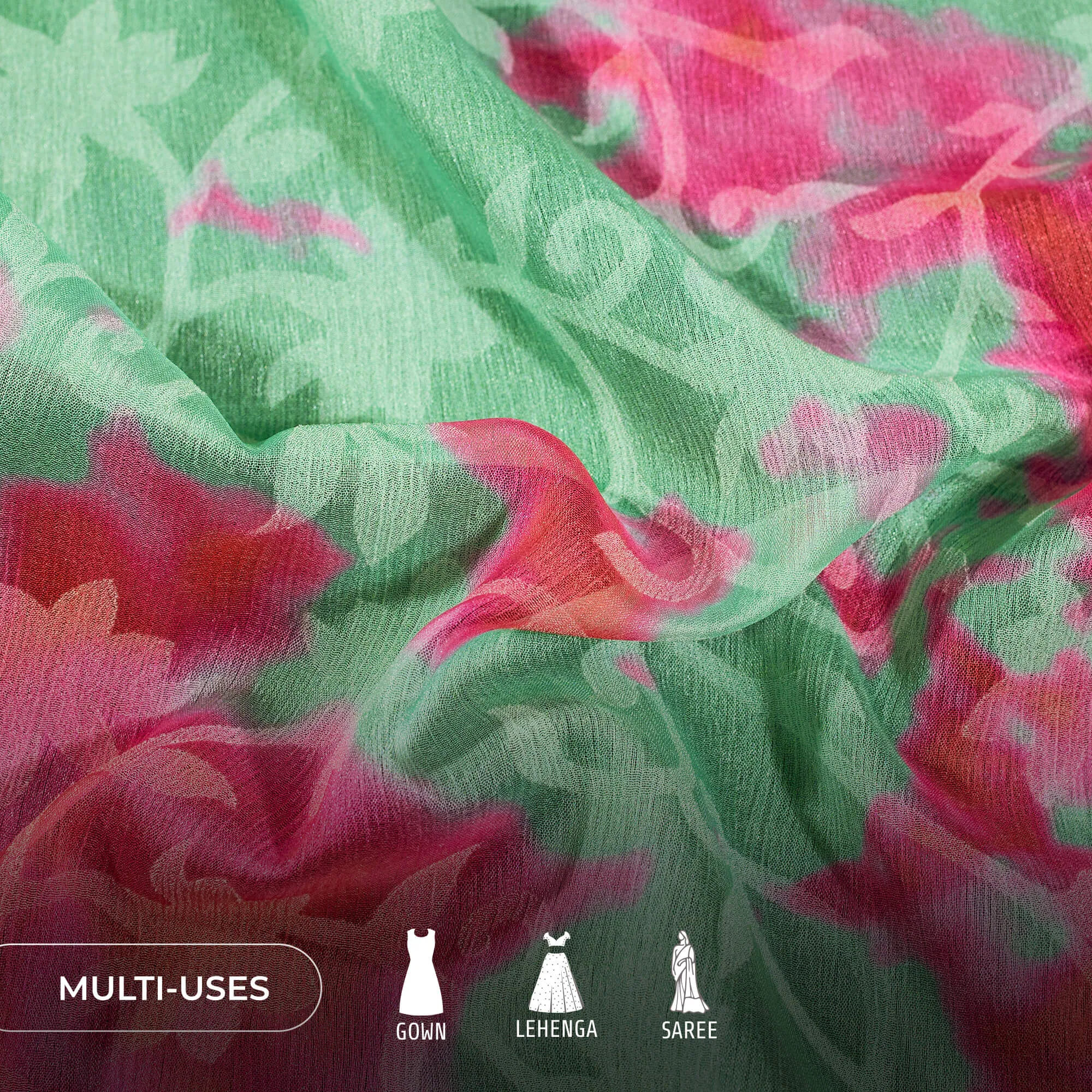 Aqua Green And Pink Tie & Dye Pattern Digital Print Floral Brasso Fabric