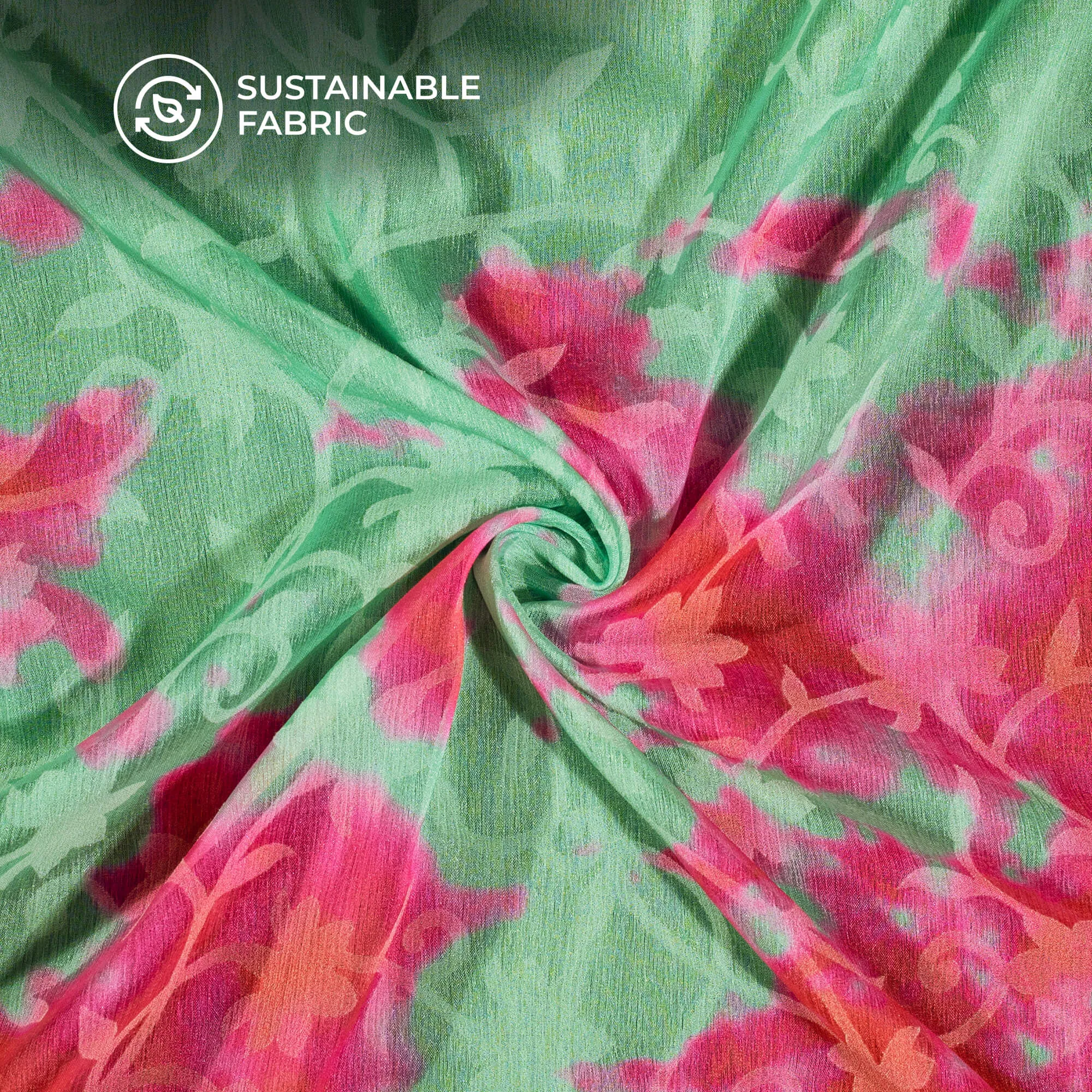 Aqua Green And Pink Tie & Dye Pattern Digital Print Floral Brasso Fabric