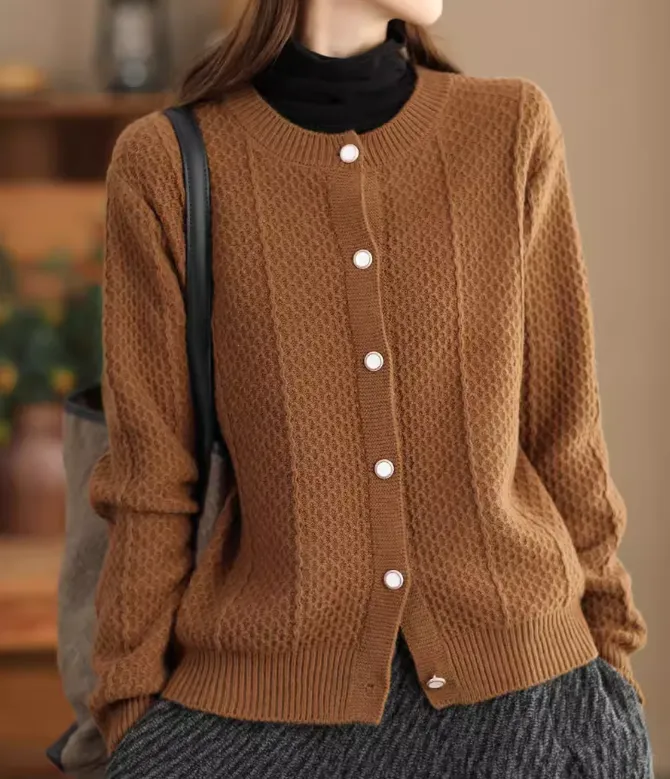 Babakud Women Autumn Spring Solid Colors Cotton Knit Jacket