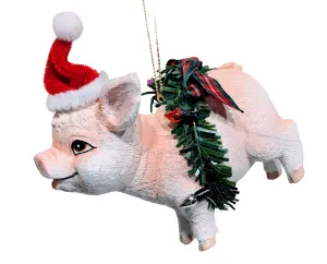 Christmas Pig Ornament Wearing Red Santa Hat