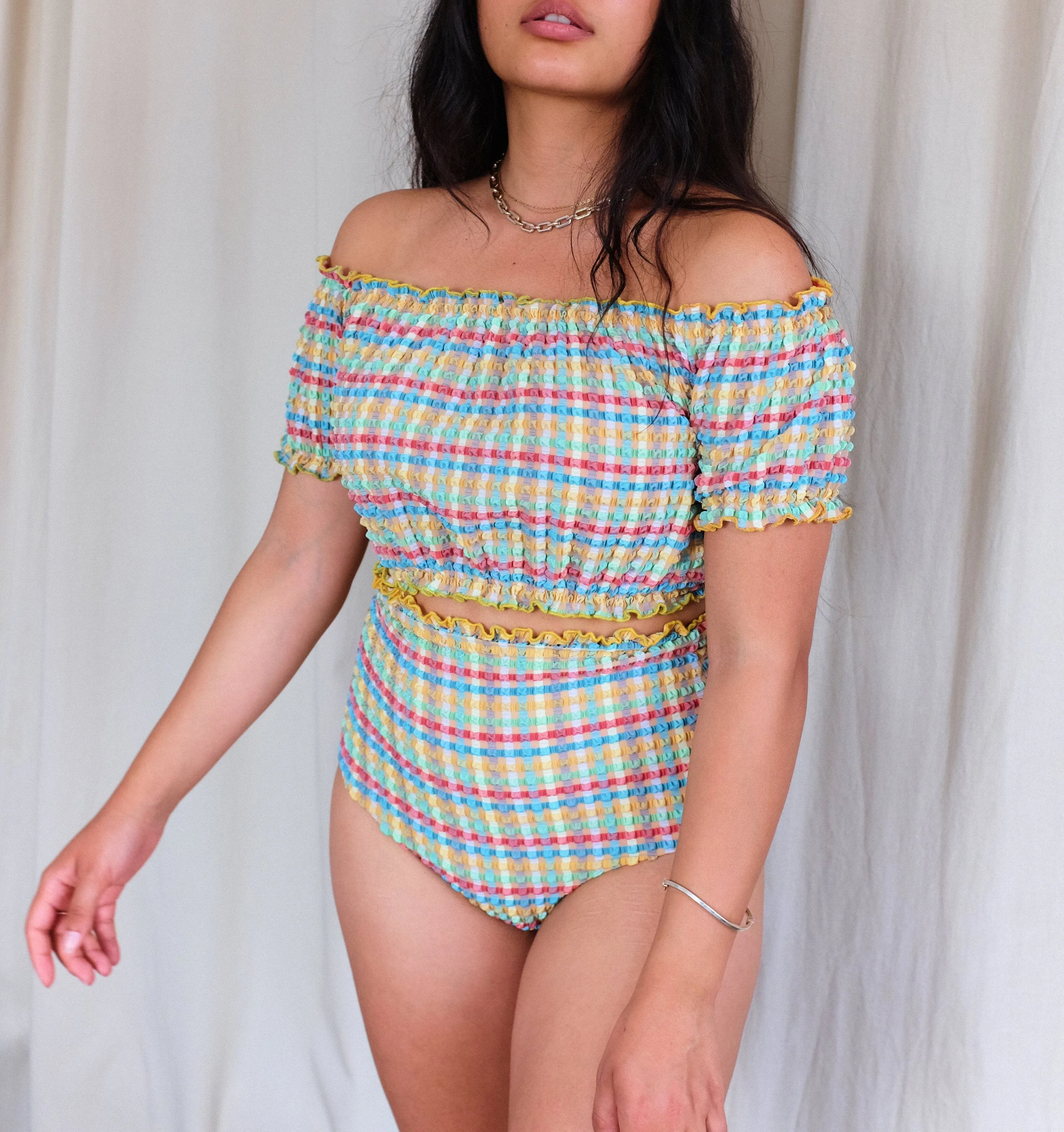 Gingham waffle cold shoulder bikini top [Yellow Gingham]