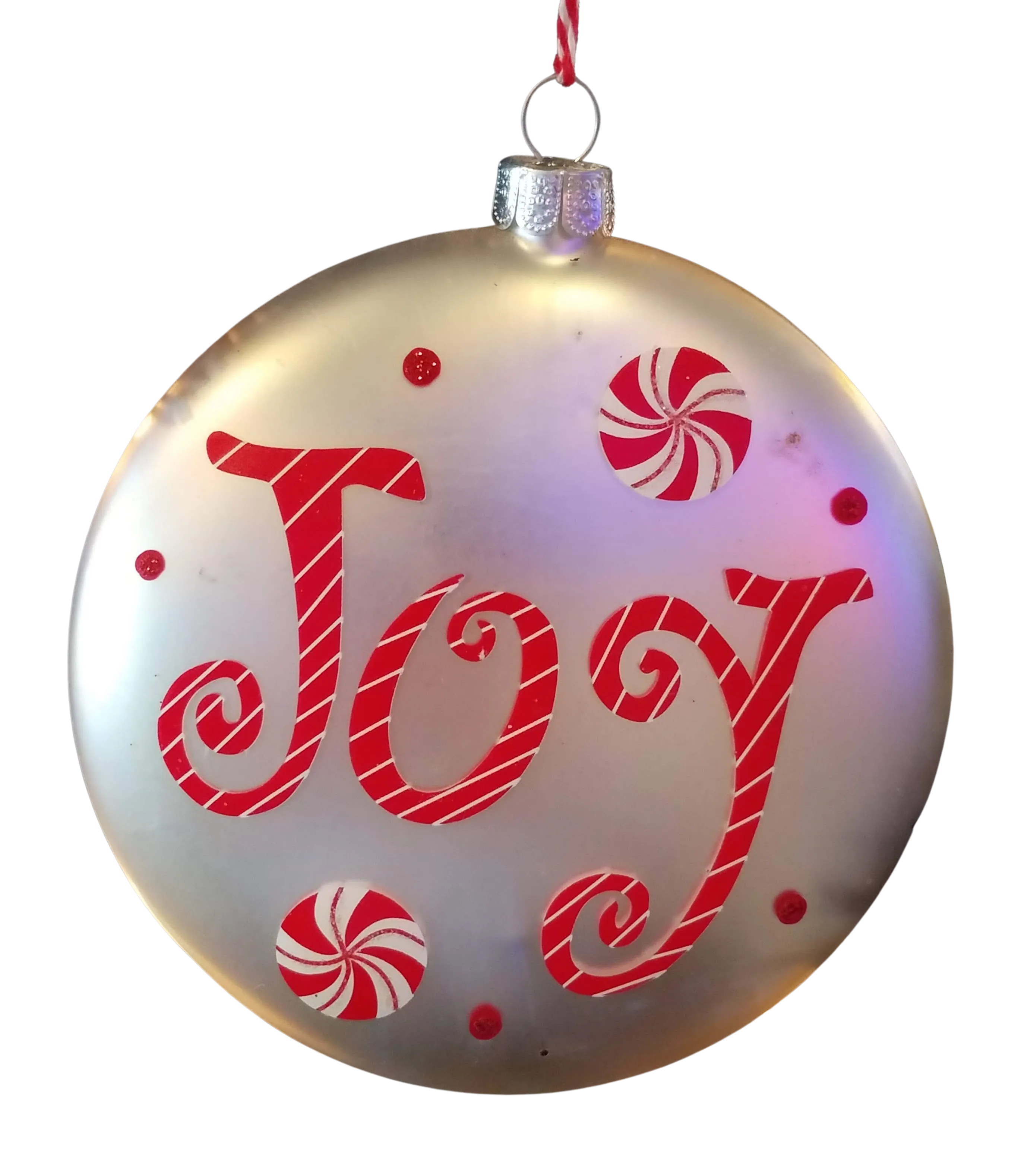 Glass silver ornament with red candies & Joy- double sided 4"