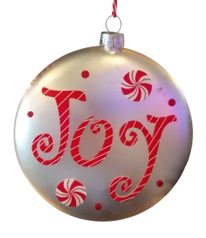 Glass silver ornament with red candies & Joy- double sided 4"