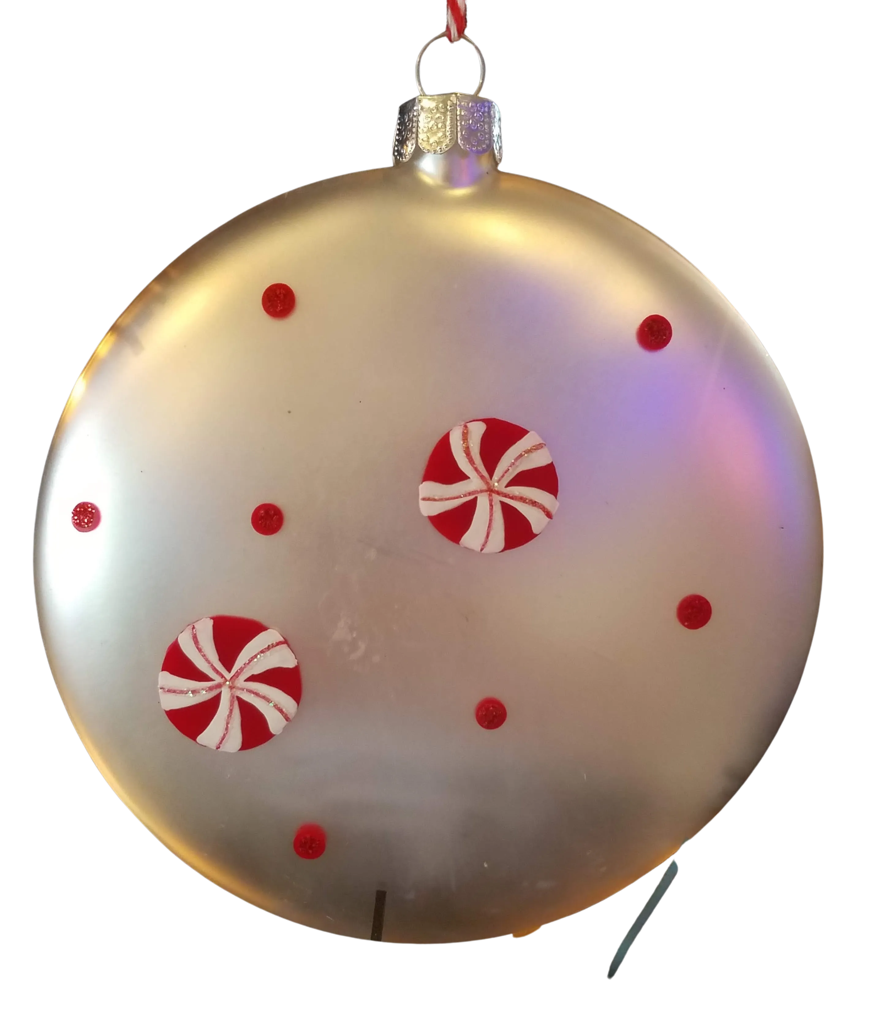 Glass silver ornament with red candies & Joy- double sided 4"