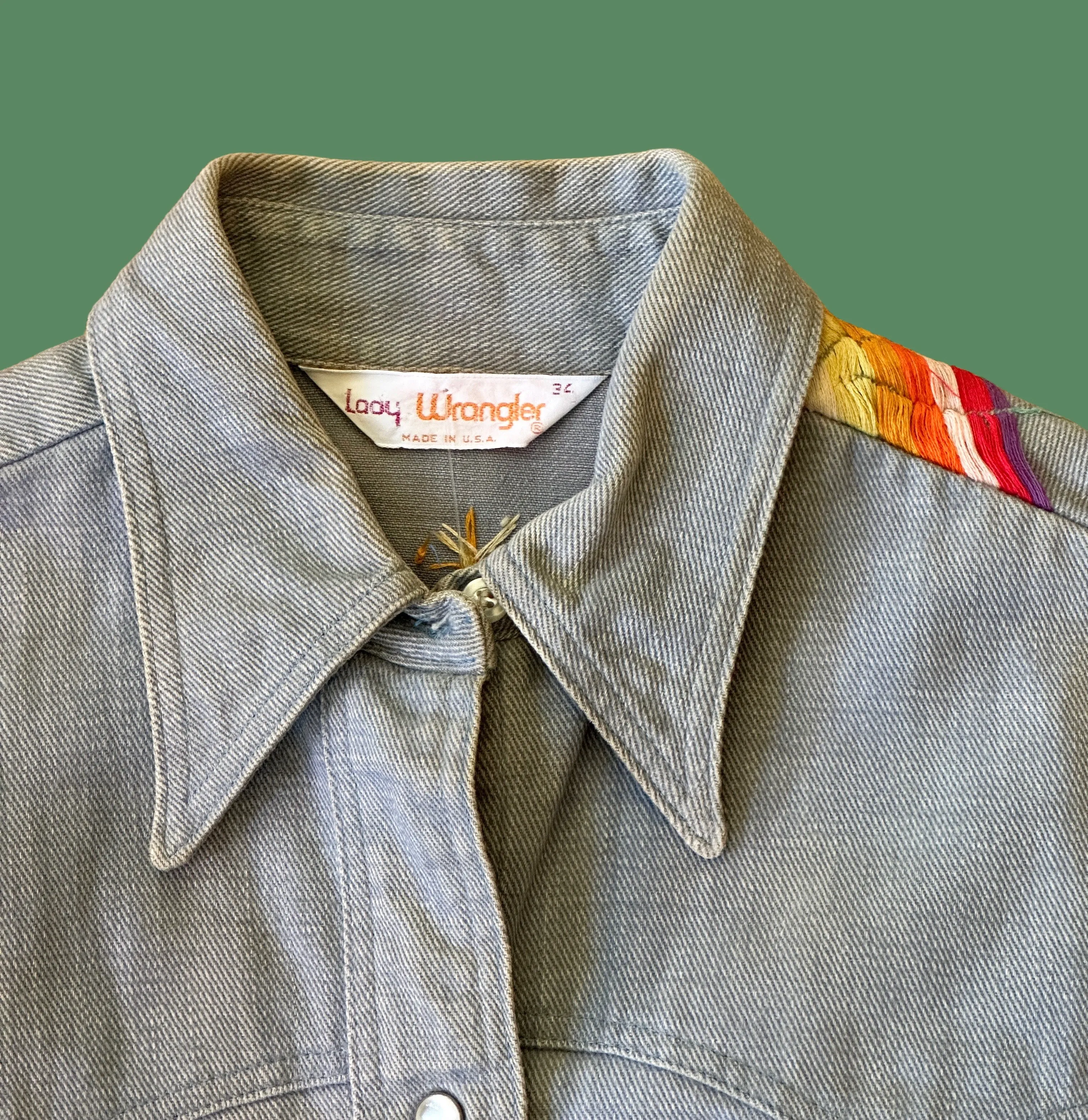 LADY WRANGLER 70s Hand Embroidered Denim Shirt • Small