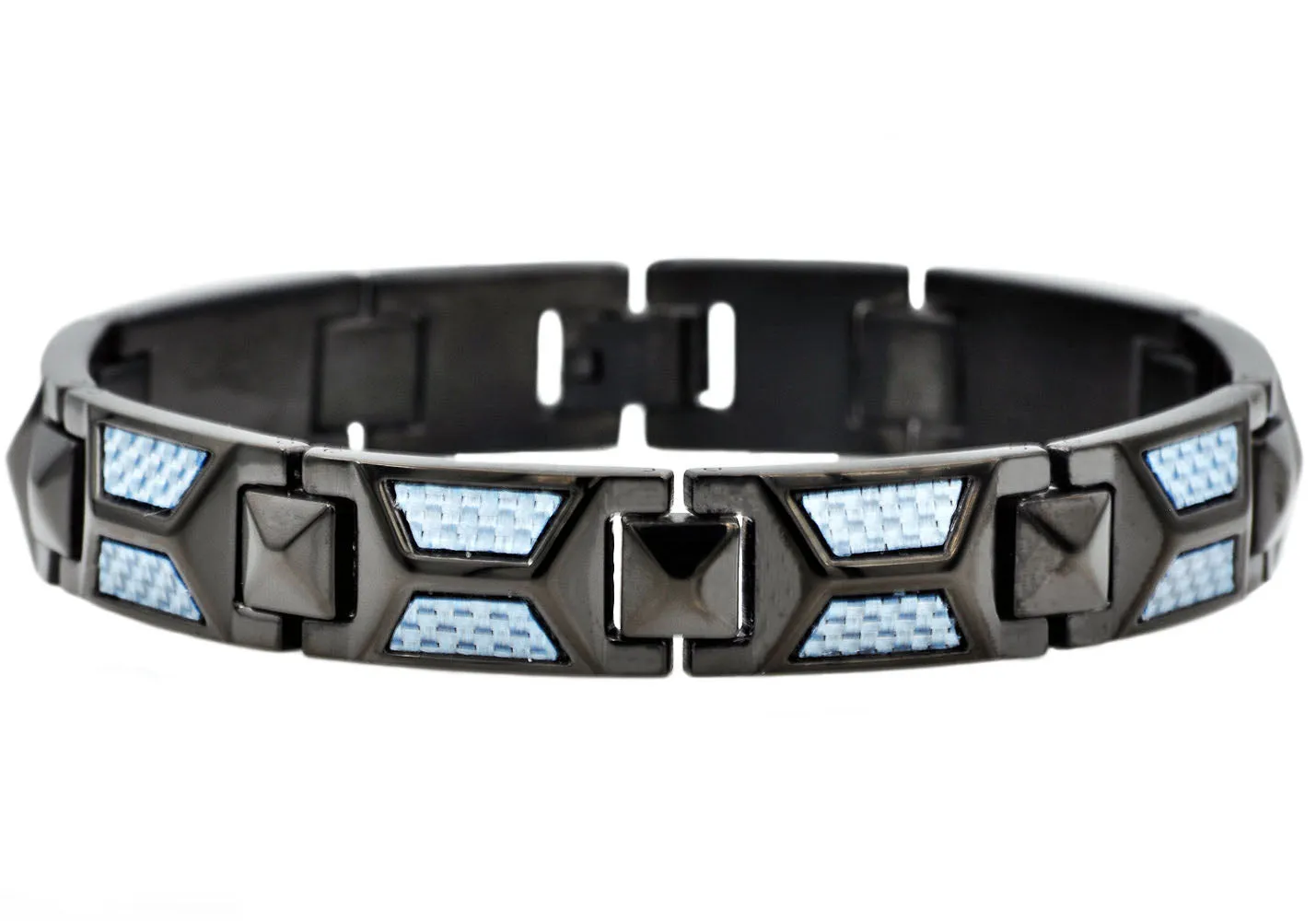 Mens Blue Carbon Fiber And Black Stainless Steel Bracelet