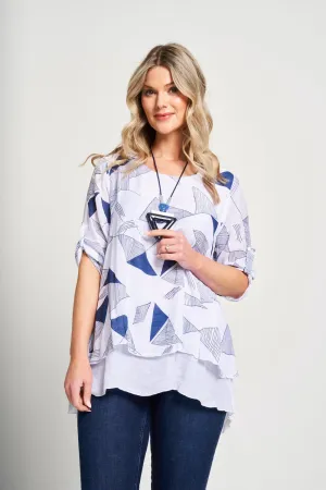 Saloos Geometric Pattern Split Back Top with Necklace