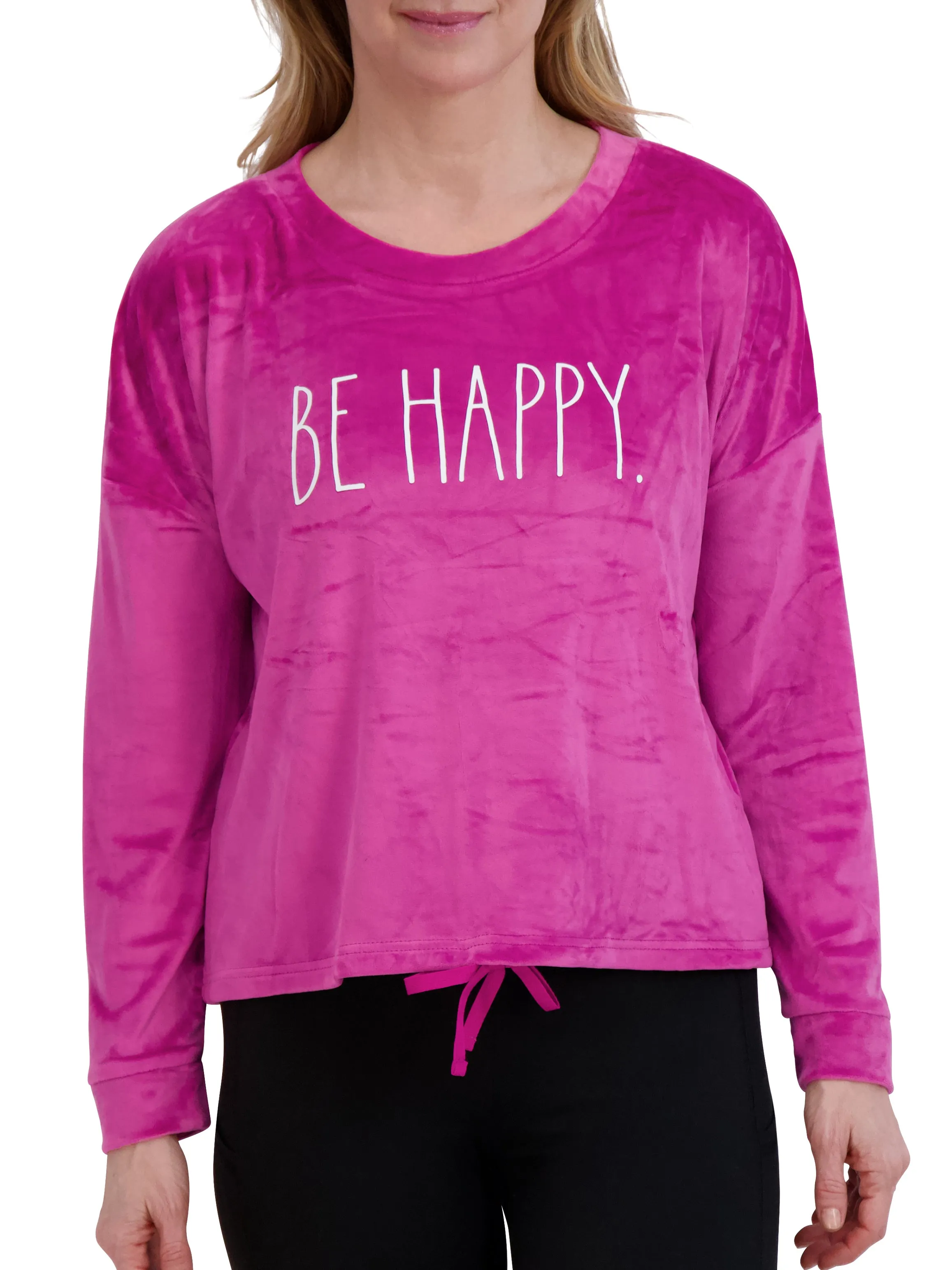 Women's "BE HAPPY" Pink Velour Drawstring Sweatshirt