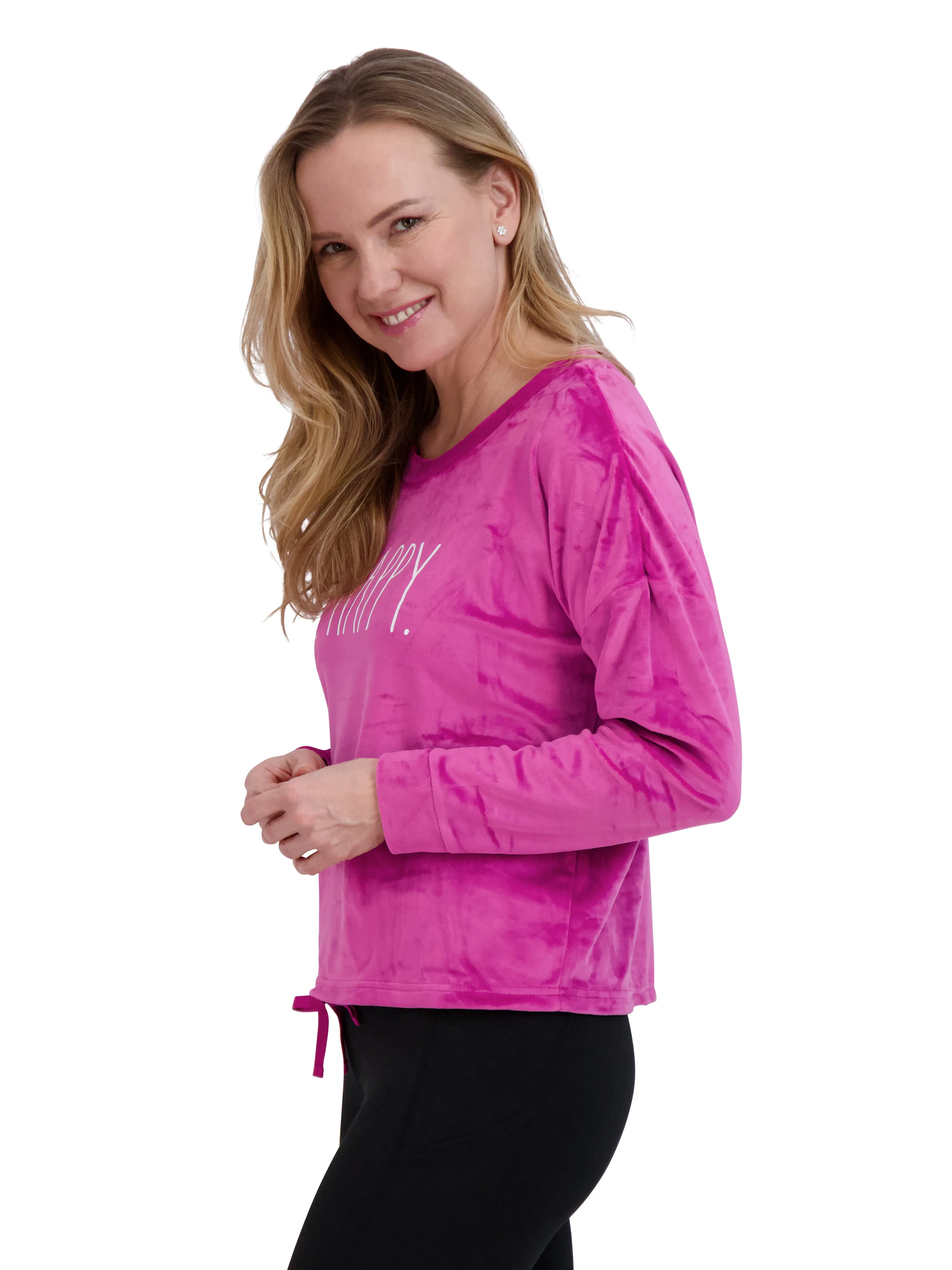 Women's "BE HAPPY" Pink Velour Drawstring Sweatshirt